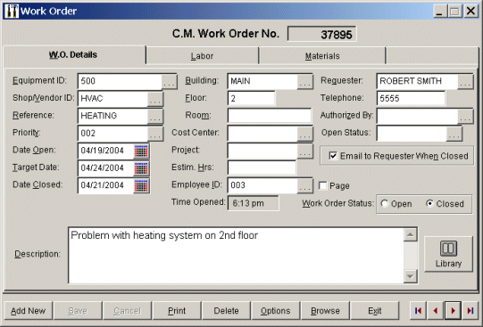 Corrective Maintenance Work Order Main Window