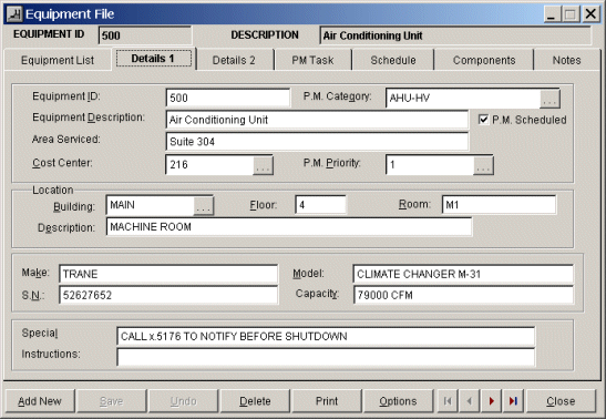 Equipment Asset Information Window